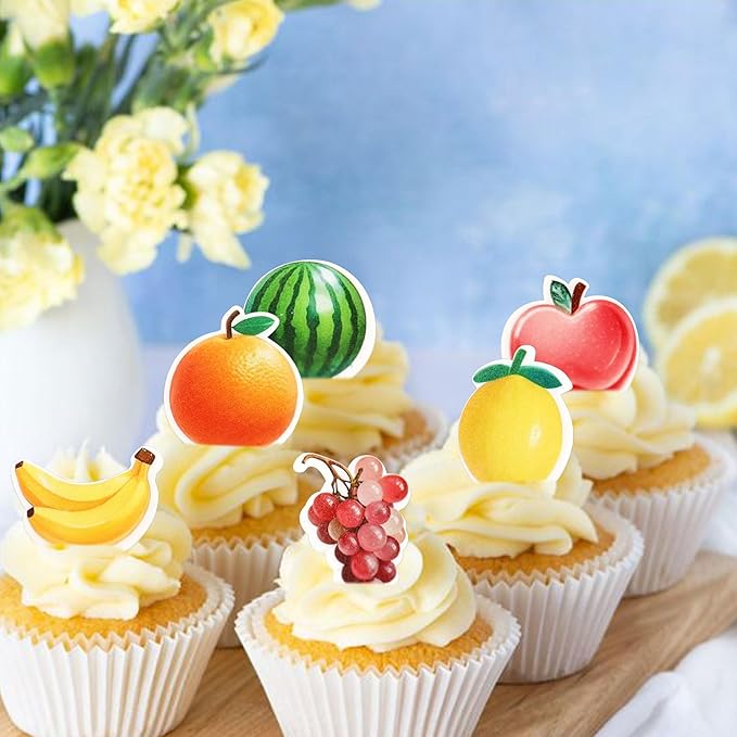 40Pcs Edible Tutti Fruity Fruit Cupcake Toppers - Fruit Drink Topper Tropical Summers Kids Happy Birthday Cake Toppers for Baby Shower Wedding Party Decorations