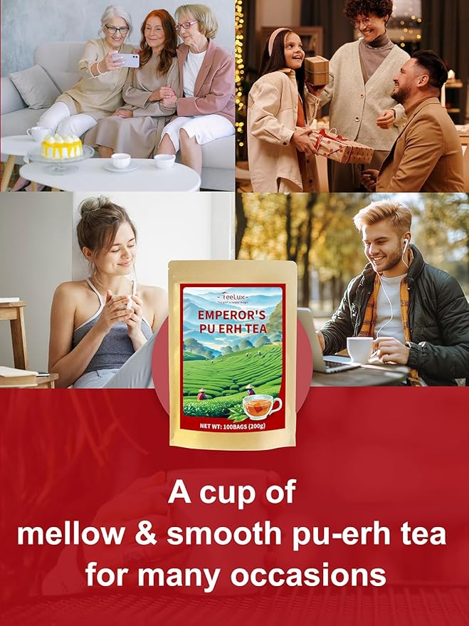 TeeLux Pu-erh Tea Bags, Emperor Puerh Tea, Fermented Yunnan Dark Tea, Smooth & Mellow Flavor, 100 Count