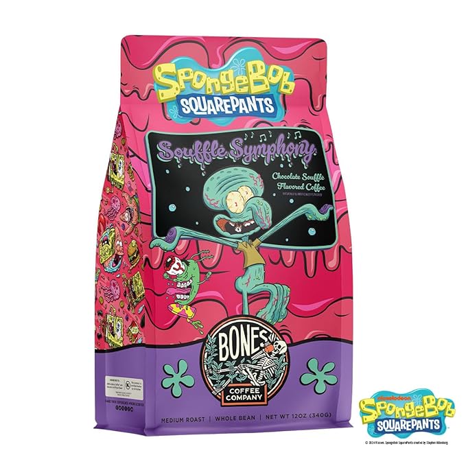 Bones Coffee Company Spongebob Soufflé Symphony, Chocolate Soufflé Flavored Ground Coffee Beans, Low Acid Medium Roast Arabica Beans Flavored Coffee, 12 oz Ground