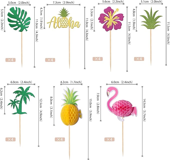 28 PCS Tropical Cupcake Toppers Glitter Leaf Pineapple Flower Palm Tree Flamingo Cupcake Picks Aloha Cake Decorations for Summer Hawaiian Luau Theme Baby Shower Birthday Wedding Party Supplies