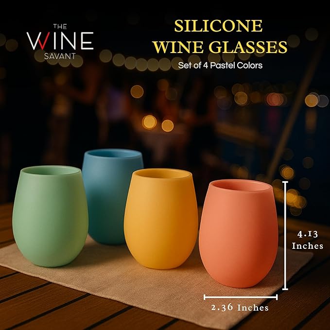 Silicone Wine Glasses – Set of 4 Pastel Colors, 12 oz – Break-Resistant, Flexible & Shatterproof Cups for Wine, Cocktails, or Outdoor Use – Reusable Stemless Glassware