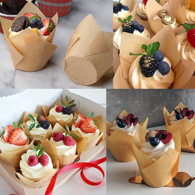 150 Pieces Tulip Cupcake Muffin Liners Paper Baking Cups Greaseproof Cupcake Wrappers for Birthday Wedding Party Baby Showers Catering Restaurants(Light Coffee)