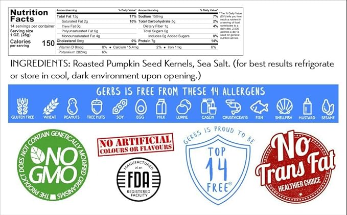 Gerbs Lightly Sea Salted Pumpkin Seed Kernels 14 oz. | Small Batch Roasted, No Additives, Resealable Bag | Crunchy & Savory | Top 14 Allergen-Free