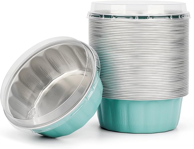 Beasea Disposable Ramekins 8oz, 50 Pack Aluminum Foil Cups with Lids Lake Blue, Disposable Creme Brulee Muffin Cupcake Baking Cup Mini Pudding Cups for Party Wedding Birthday