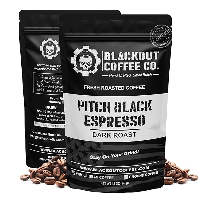 Blackout Coffee Pitch Black Espresso Whole Bean Coffee ??Extra Dark Roast, European-Style, Powerfully Bold ??Freshly Roasted 12oz Bag, American Made