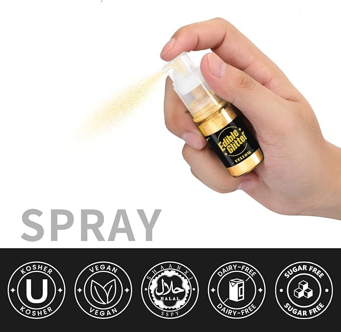 Sujoygar Edible Glitter Spray 2 Colors, White and Yellow Edible Glitter for Cocktails, Shimmer Powder Luster Dust Edible for Cake Drink Strawberrie Cupcake Cookies Baking Decoretion, Vegan(5g/Bottle)