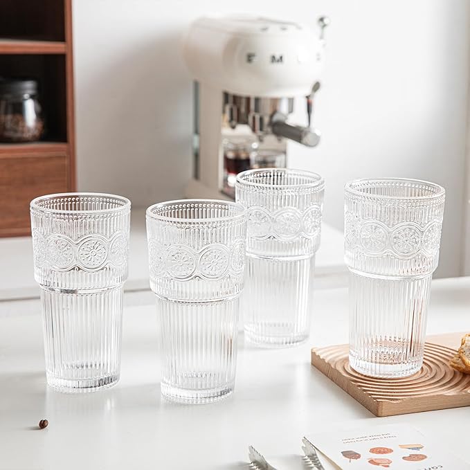 INSETLAN 20oz Ribbed & Floral Glasses Drinking Set of 6- Clear Glass Tumbler, Reusable Glass Cups for Iced Coffee, Water, Beer, Smoothies, Tea, and Juice ??Perfect for Party and Daily Use