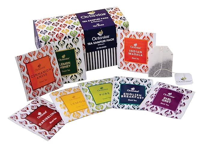 Octavius Tea Sampler Pack | 8 Assorted Black & Green Teas | 32 Teabags | Tea Sampler Variety Pack | Pack of 1