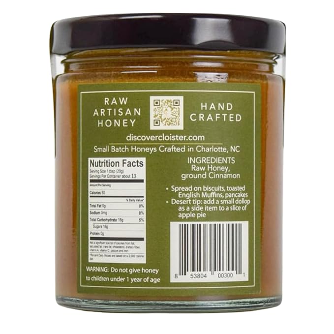 Cloister Honey Whipped Honey - Cinnamon (9 oz) | Hand Crafted | Raw Artisan Honey | 100% Pure, Raw & Unfiltered | All Natural | Made in USA |