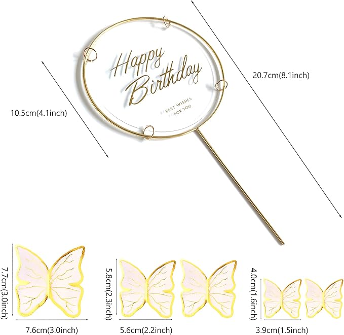 11-Pieces White gold Butterfly Cake Toppers Happy Birthday Metal Gold Happy Birthday Cake Topper Butterfly Birthday Cake Decorations Cake Butterfly Party Decorations,OO-541