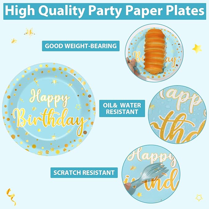 96PCS Blue Birthday Plates and Napkins Birthday Party Decorations Light Blue and Gold Dessert Plates Tableware for 24 Guests Kids Party Supplies