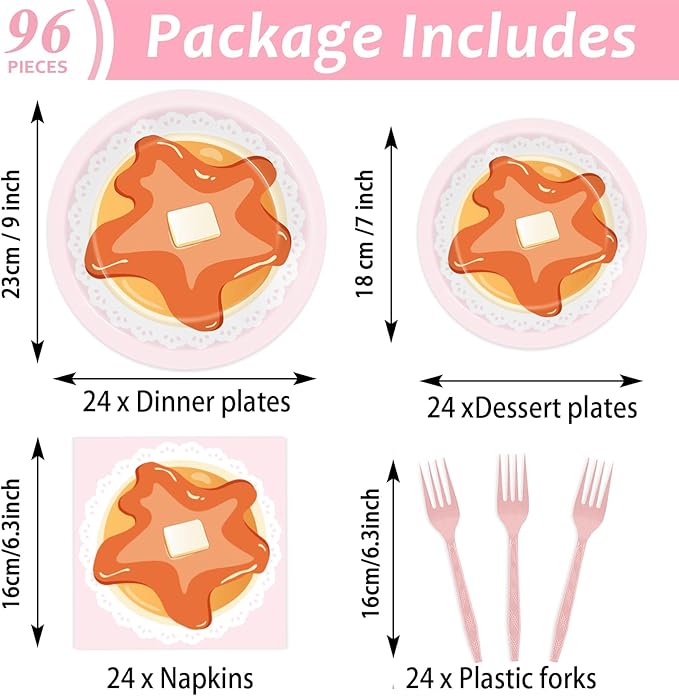96Pcs Pancakes and Pajamas Paper Plates and Napkins Pajama Brunch Birthday Party Decoration Girls Pink Night Sleepover Dessert Plates Spa Party Cake Tableware Set for 24 Guests Slumber Party Supplies