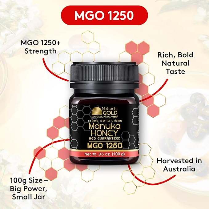 Nature’s Gold Raw Manuka Honey, Certified High MGO | Authentic MGO, 100% Pure Genuine Traceable Hive to Home, MGO 1250+, 3.5 Ounce (Pack of 1)