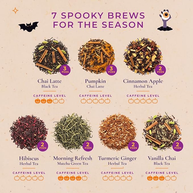 Gya Tea Co Halloween Tea Gift Set (16 Count) - Assorted Tea Pod Variety Pack Sampler With Fall Autumn Flavors - Single Serve Pods for Brewing Machines, Enjoy Hot Or Iced (Pack of 1)