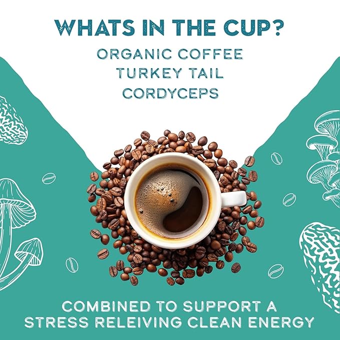 Organic Turkey Tail & Cordyceps Mushroom Coffee Dark Roast, Antioxidants, Immune System Support, overall wellness, Grade 1 Single Origin Peruvian | 12oz - Ground (2 Pack)