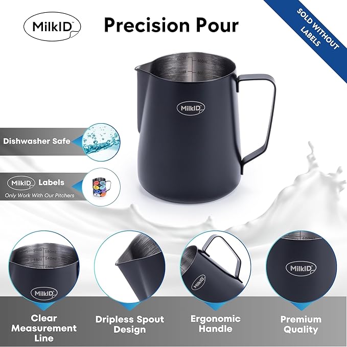 Stainless Steel Milk Frothing Pitcher | Compatible with MilkID Labeling System | Espresso Accessories Kit | Barista Tools | Latte Art Pitcher (32oz / Black Pitcher)