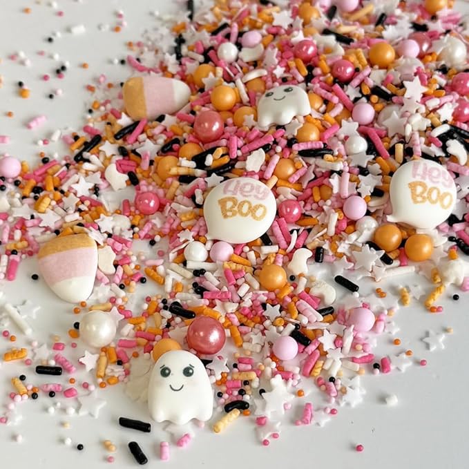 Sprinkle Pop Boo Bash Sprinkle Mix| Orange Pink White Sprinkles with ~12 Ghost Shapes, Candy Corn & Hey Boo Royal Icing| Halloween Sprinkles Made in USA for Decorating Cakes Cupcakes Cookies, 4oz