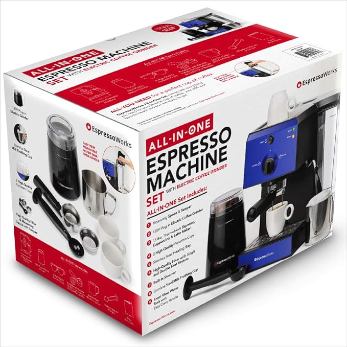 EspressoWorks All-In-One Espresso Machine with Milk Frother 7-Piece Set - Latte Maker Includes Grinder, Frothing Pitcher, Cups, Spoon and Tamper - Coffee Gifts (Blue)