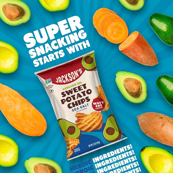 Jackson???Wavy Sweet Potato Kettle Chips - with Sea Salt made with Premium Avocado Oil (5 oz, Pack of 7) - Allergen-friendly, Gluten Free, Peanut Free, Vegan, Paleo Friendly - Shark Tank Product