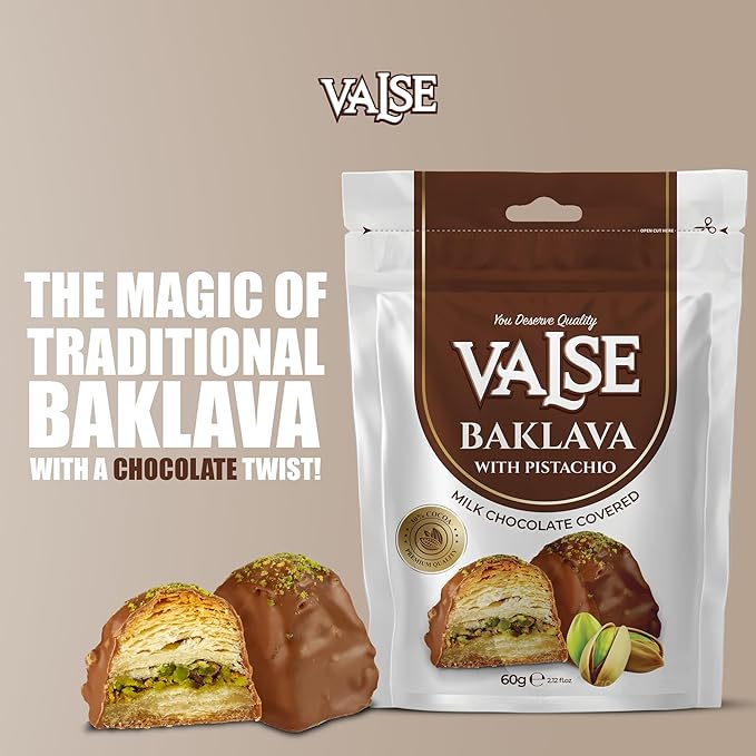 Chocolate Covered Turkish Baklava with Pistachios, Milk Chocolate Covered Freeze Dried Turkish Baklava with Pistachios, 2.47 oz Chocolate Covered Fruit, Chocolate Dipped Turkish Baklava with Pistachios (Mini, Baklava)