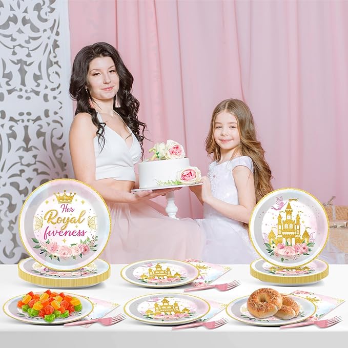 96Pcs Princess 5th Birthday Plates and Napkins Her Royal Fiveness Decorations Princess Party Dessert Plates Rainbow Castle Tableware for 24 Guests 5th Theme Girl Baby Shower Party Supplies