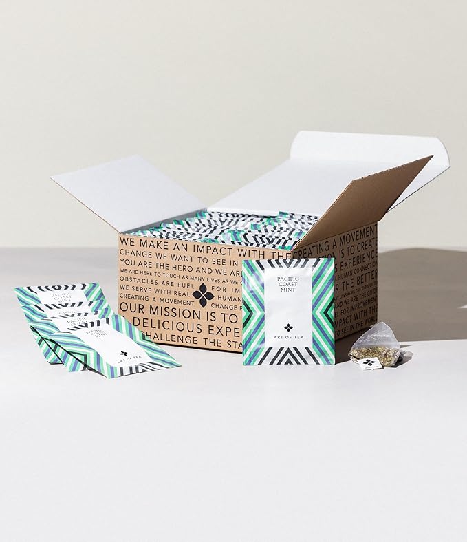 Art of Tea | Organic Pacific Coast Mint (NaturallyCaffeine Free)| 50 Eco Friendly Pyramid Peppermint Tea Bags Sampler Assortment Sachets