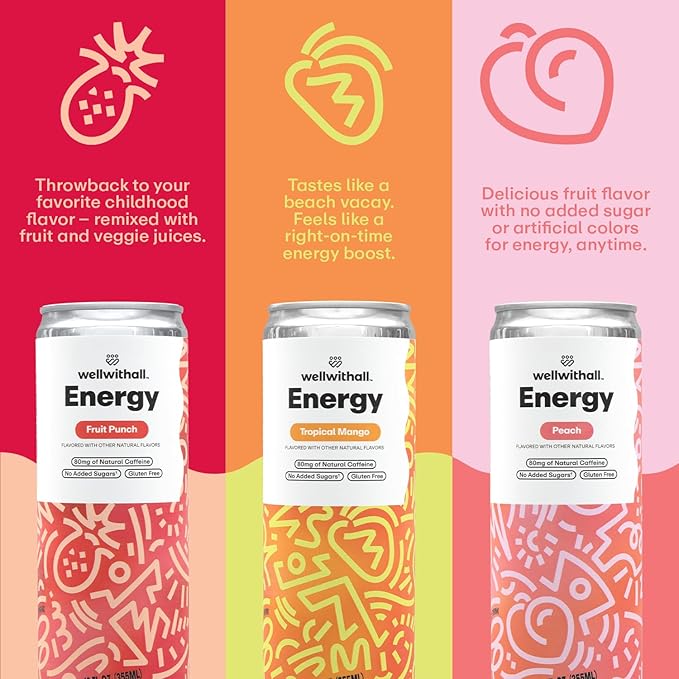 WellWithAll Energy Drink Variety Pack ??Fruit Punch, Tropical Mango, and Peach Flavors ??Caffeine from Tea ??With Vitamin C ??Lightly Sparkling Beverage ??Fruit & Veggie Juice Blend ??12 Oz (Pack of 12 ??4 Cans of Each Flavor )