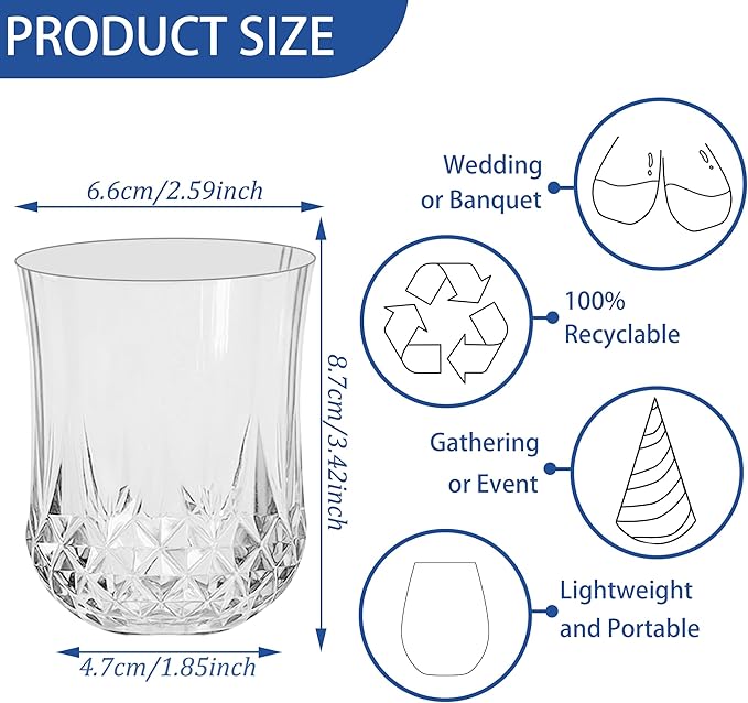 12 PCS Transparent Stemless Wine Glasses,Plastic Reusable Cups 9OZ Vintage Drinking Glasses Tumblers for Whisky, Beer, Juice, Beverages, Cocktai