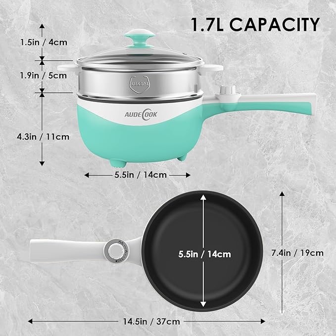 Audecook Hot Pot Electric, 1.7L Mini Electric Skillet Portable Nonstick Saut챕 Pan with Power Adjustment, Rapid Noodles Cooker Travel Multicooker for Steak/Soup/Egg/Oatmeal/Noodles