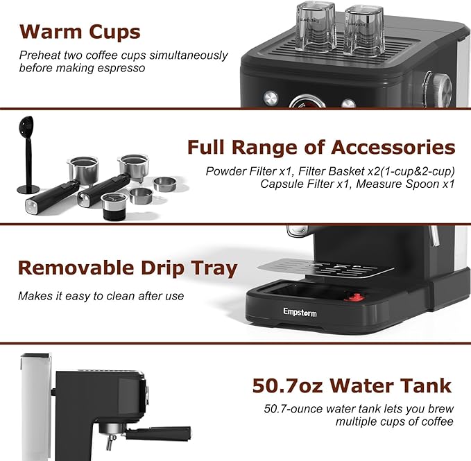 2in1 20 Bar Espresso Machine with Milk Frother, Coffee Latte Cappuccino Maker for Home, Coffee Machine Suitable for Coffee Powder/Capsules, Espresso Machines with Thermometer