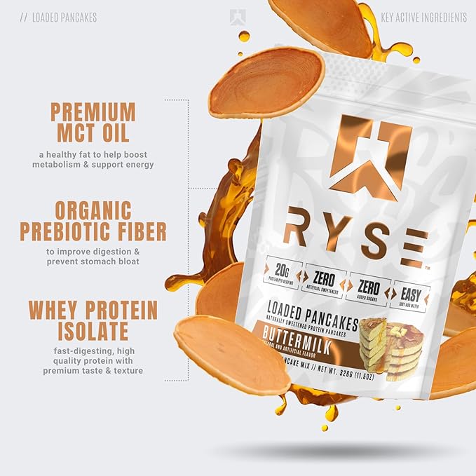 RYSE Loaded Protein Pancake & Waffle Mix - Buttermilk - Naturally Sweetened Breakfast with 21g Protein, 3g MCTs and 2g Fiber - No Added Sugar - High Protein Snack for Clean Energy - 6 Servings