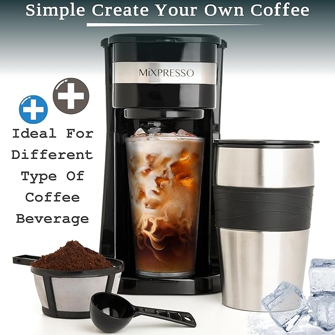 Mixpresso Black Personal Single Serve Coffee Maker with 14oz Travel Mug, Drip Small Coffee Maker with Auto Shut Off, Reusable Filter, Works with Ground Coffee Only ??Not for K-Cup Pods