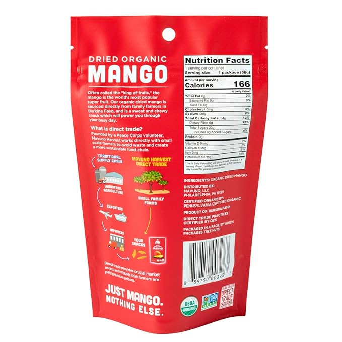Mavuno Harvest Mango Dried Fruit Snacks | Unsweetened Organic Dried Mango Slices | Gluten Free Healthy Snacks for Kids and Adults | Vegan, Non GMO, Direct Trade | 2 Ounce, Pack of 3