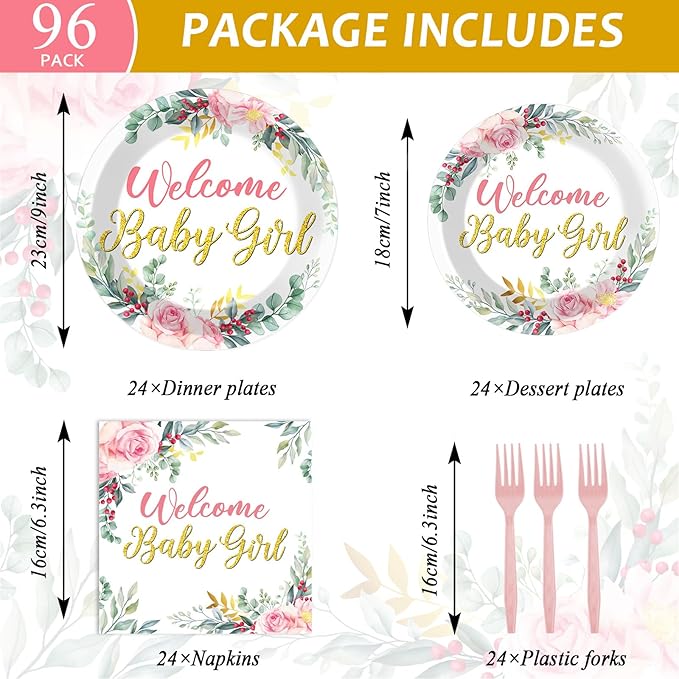 96Pcs Welcome Baby Girl Plates and Napkins Baby Shower Party Decorations Sage Green Pink Dessert Disposable Plates Pink Green Floral Tableware Set for 24 Guests Baby Girls Birthday Party Supplies