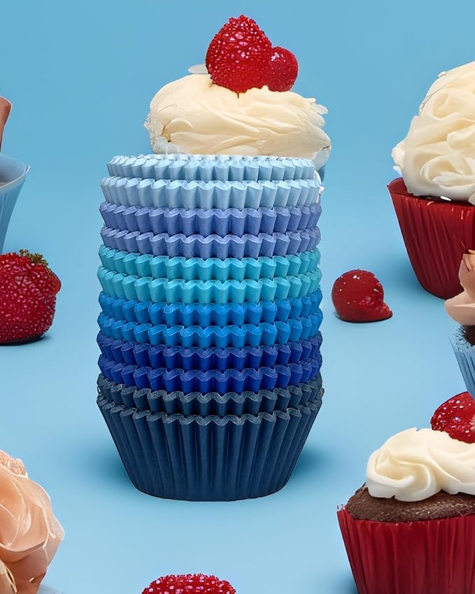 QiQee 300 Counts Cupcake Liners - Food Grade 6 Solid Blue Colors Cupcake Papers Muffin Baking Cups (Standard Size)