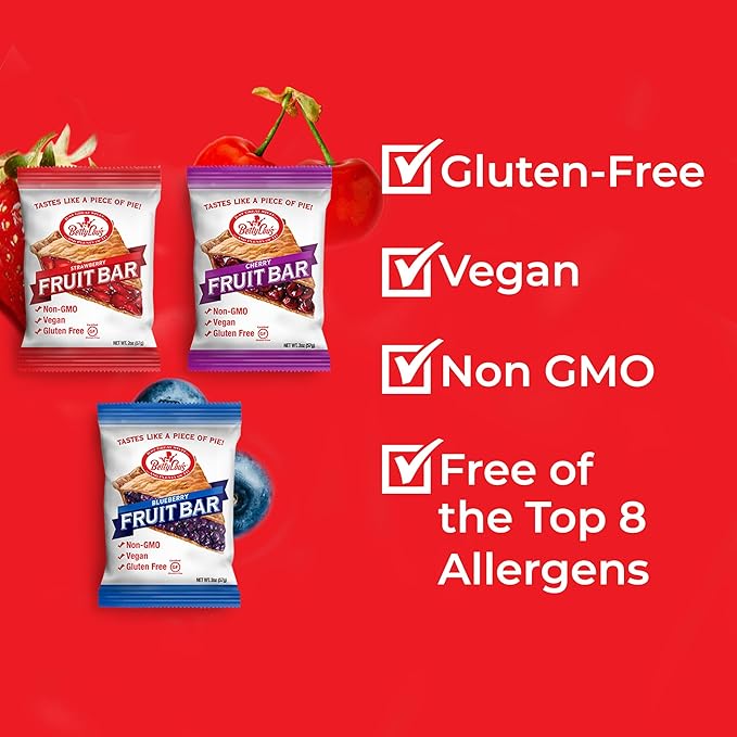 Betty Lou's Fruit Bars Variety Pack, Gluten Free Snacks for Adults and Kids, 4 Flavors of Vegan Breakfast & Cereal Bars, Blueberry, Strawberry, and Cherry, 12 Pack