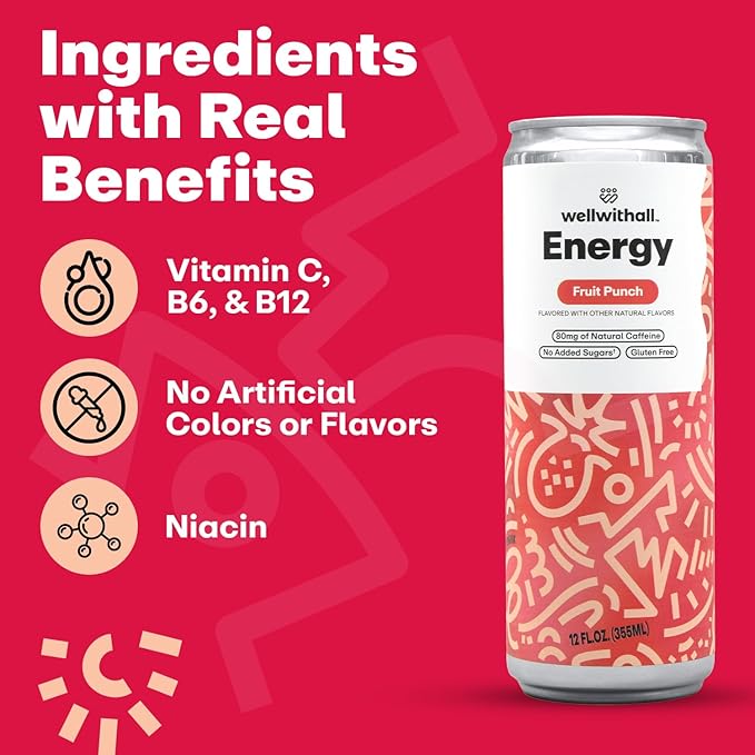 WellWithAll Fruit Punch Energy Drink ??Caffeine from Tea ??With Vitamin C ??Lightly Sparkling Beverage ??Fruit & Veggie Juice Blend ??12 Oz (Pack of 12)