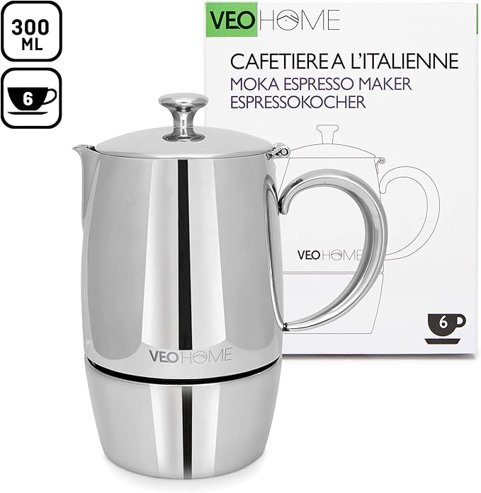 VeoHome Stovetop Espresso Coffee Maker - l Multi-Stove Stainless Steel Induction Moka Pot (300 mL)