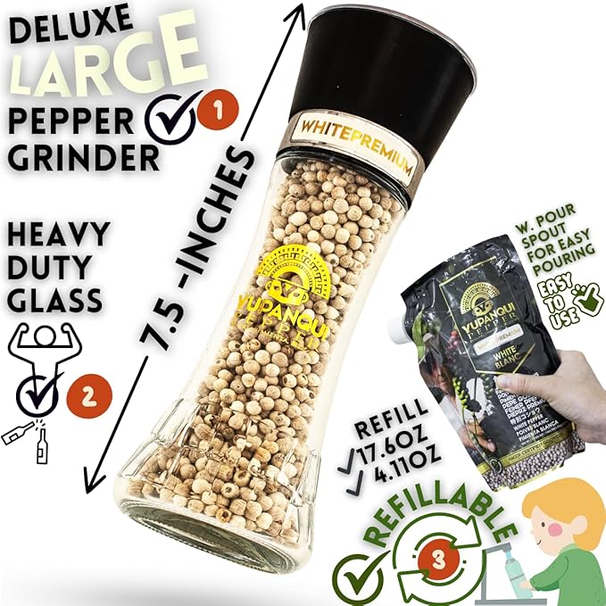White Pepper Grinder with Fermented white peppercorns Whole Organic Peppercorns YUPANQUI - Gourmet Peppercorn Grinder with Seabreeze hints for MEDITERRANEAN CUISINE, Refillable Pepper Mill 3.5oz