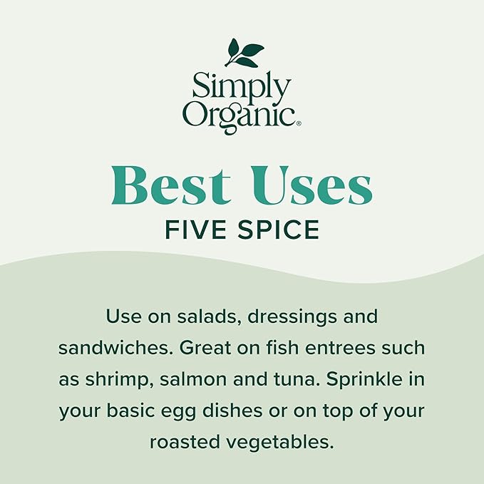Simply Organic Five Spice Powder, 2.01 Ounce, Cinnamon, Fennel Seed, Cloves, Star Anise & White Pepper, Non GMO, Kosher