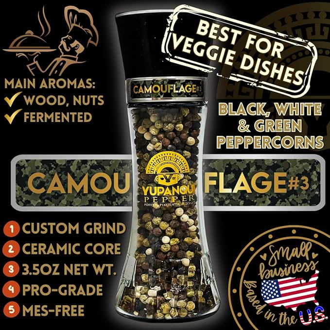 Yupanqui Peppercorn Medley Grinder FOR VEGGIE GRILL 3.5oz, Refillable Pepper Grinder Manual with Organic Peppercorns Mix of Tri Color Peppercorns Whole CAMOUFLAGE