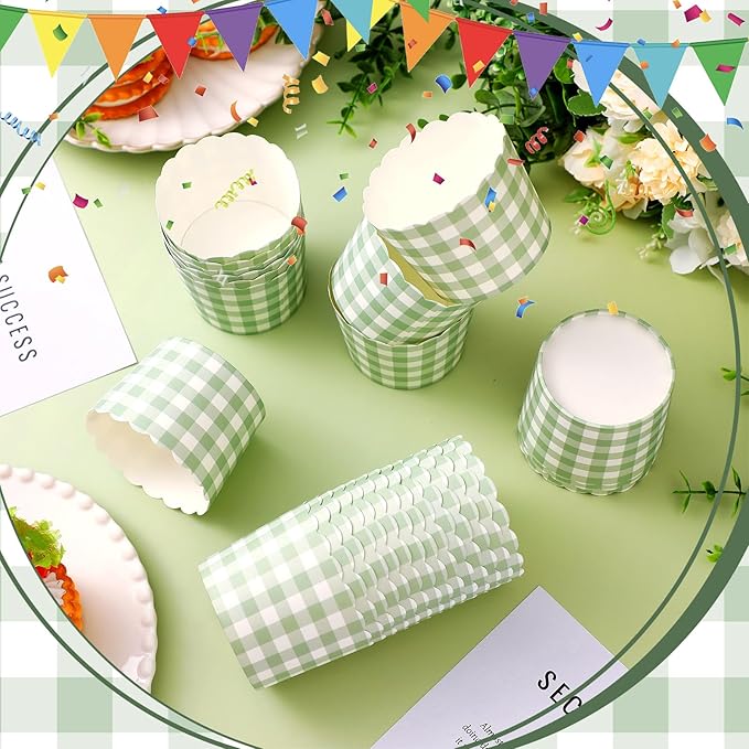 Vesici 150 Pcs Sage Green Gingham Ice Cream Cups 5oz Dessert Paper Bowls Gingham Scalloped Cupcake Cups Disposable Dessert Bowls for Food Sundae Frozen Yogurt Soup Party Supplies