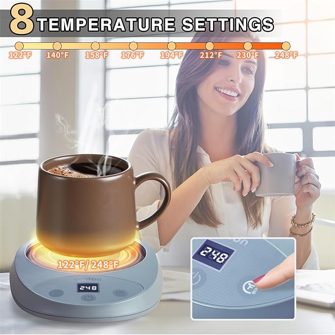 Mug Warmer for Coffee and Tea, Auto Shut Off,4.3 Inch Large Heated Plate,8 Temperature Settings, 1-8 Hour Timer Settings, Smart Coffee Warmer Plate Milk Tea Water(Grey)
