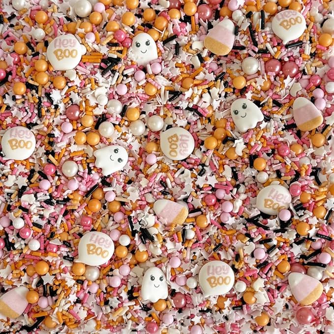Sprinkle Pop Boo Bash Sprinkle Mix| Orange Pink White Sprinkles with ~12 Ghost Shapes, Candy Corn & Hey Boo Royal Icing| Halloween Sprinkles Made in USA for Decorating Cakes Cupcakes Cookies, 4oz