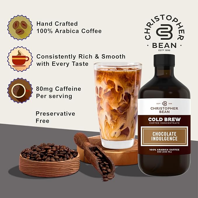 Christopher Bean Hand Crafted Chocolate Indulgence Flavored Coffee - Unsweetened Cold Brew & Iced Instant Coffee Distillate Liquid Java - Indulgence Coffee Beans Extract 100% Arabica, (8-Ounce), 236 ml