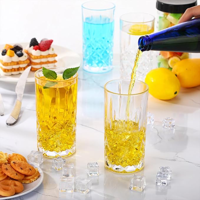 Uiifan Set of 12 Tall Highball Glasses 12 oz Crystal Drinking Glasses Clear Fancy Cups Vintage Textured Designer Glassware for Cocktail Tea Water Beer Soda Beverages, Dishwasher Safe (Classic Style)
