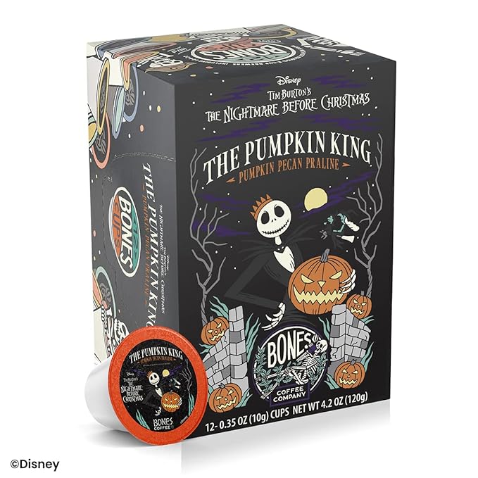 Bones Coffee Company Pumpkin King, Pumpkin Pecan Praline Flavored Coffee Pods, Low Acid Medium Roast Single-Serve Bones Cups for K-Cups Coffee Maker from The Nightmare Before Christmas, 12 Count