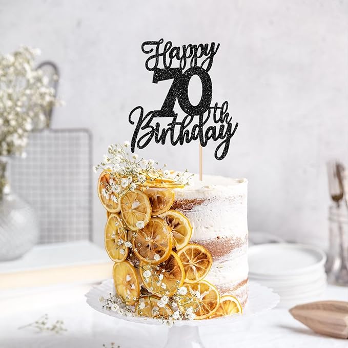 1 PCS Happy 70th Birthday Cake Topper Glitter Cheers to 70 Years Birthday Cake Pick Seventy Hello 70 Fabulous Cake Decoration for Happy 70th Birthday Anniversary Party Decorations Supplies Black