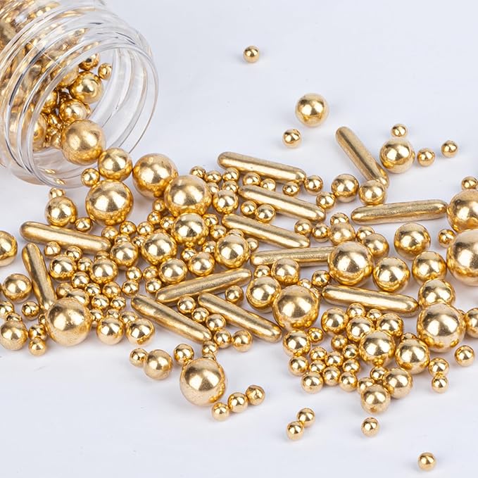 Twisweet Gold Pearl Rods Sprinkles, Edible Sugar Sprinkles for Cake Decorating Mix Size Candy Pearls for Baking Cake Topper Ice Cream Cupcake Cookie Dessert Decorations, Wedding Valentines Birthday Christmas Easter Mother's Day Supplies (130g/4.58oz)