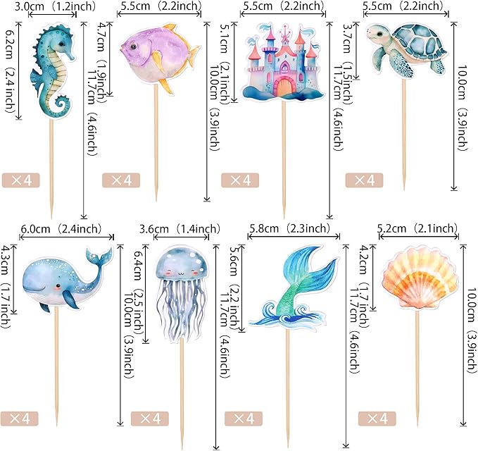 32 Pack Mermaid Cupcake Toppers Under The Sea Octopus Starfish Mermaid Tail Cupcake Picks Jellyfish Seahorse Coral Cupcake Decorations for Baby Shower Under The Sea Party Birthday Cake Decorations